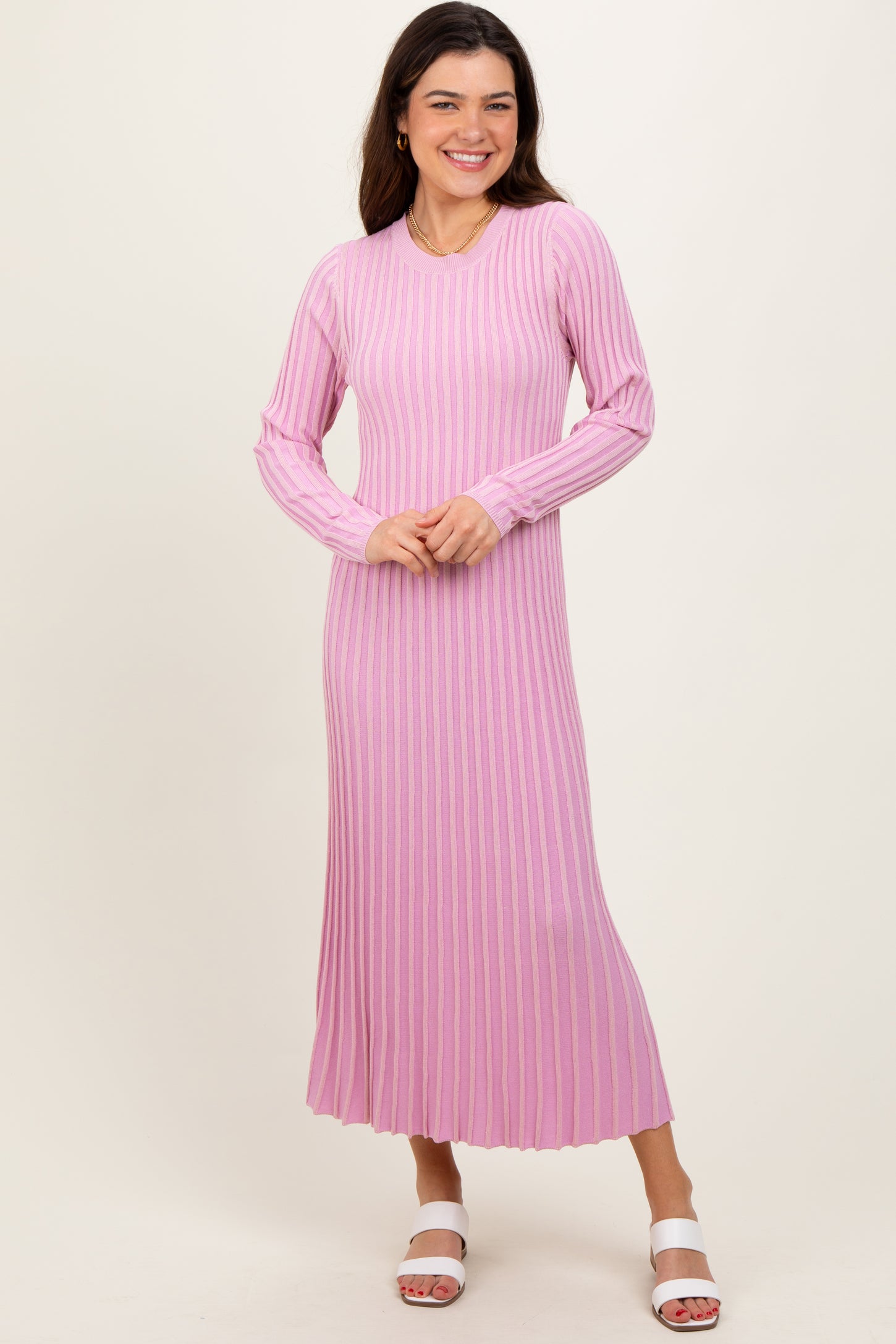 Pink Thick Ribbed Knit Maternity Maxi Sweater Dress
