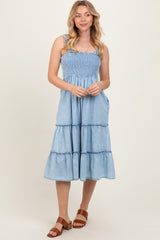 Light Blue Chambray Smocked Ruffle Tiered Midi Dress