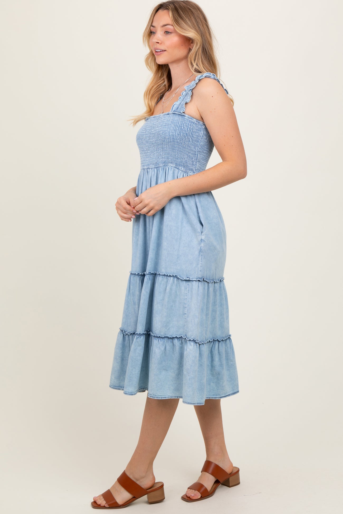 Light Blue Chambray Smocked Ruffle Tiered Midi Dress