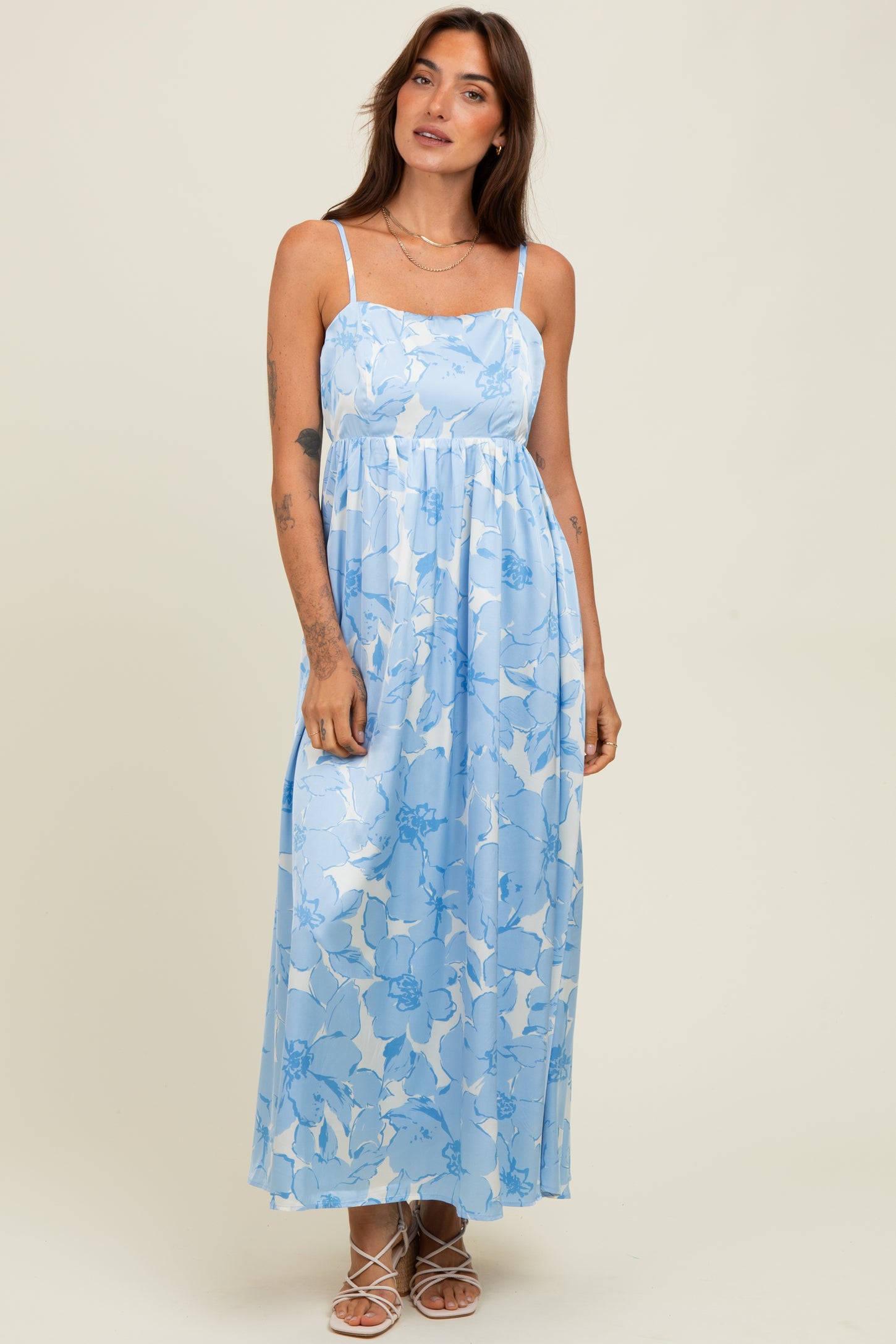 Light Blue Floral Sleeveless Maxi Dress