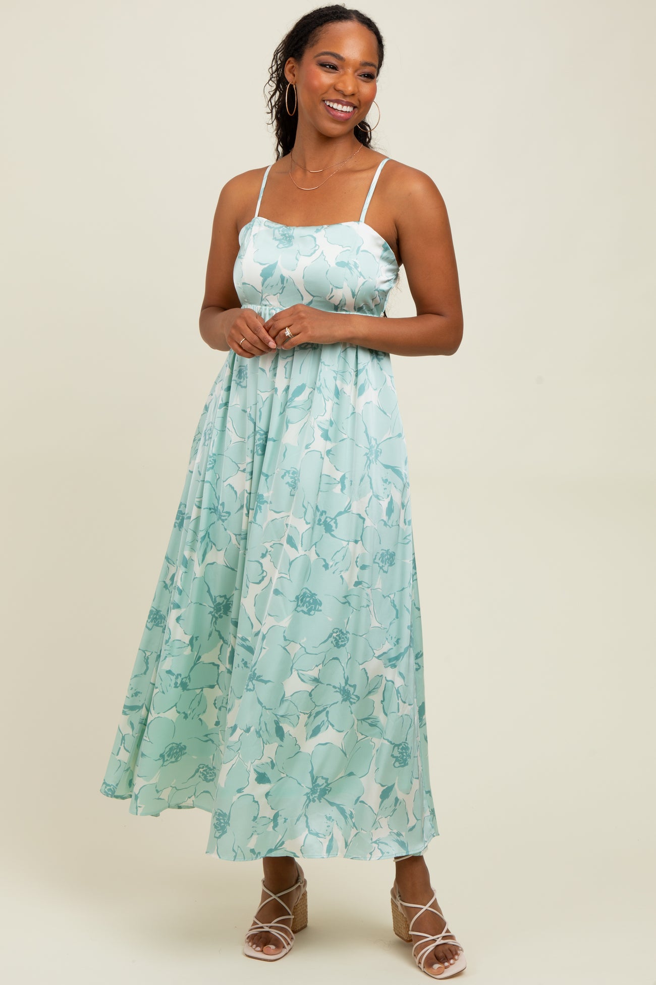 Sage Floral Sleeveless Maternity Maxi Dress