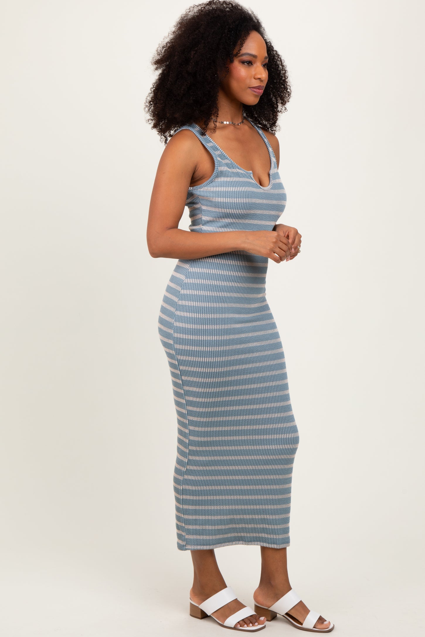 Light Blue Stripe Ribbed Sleeveless V Neck Maxi Dress