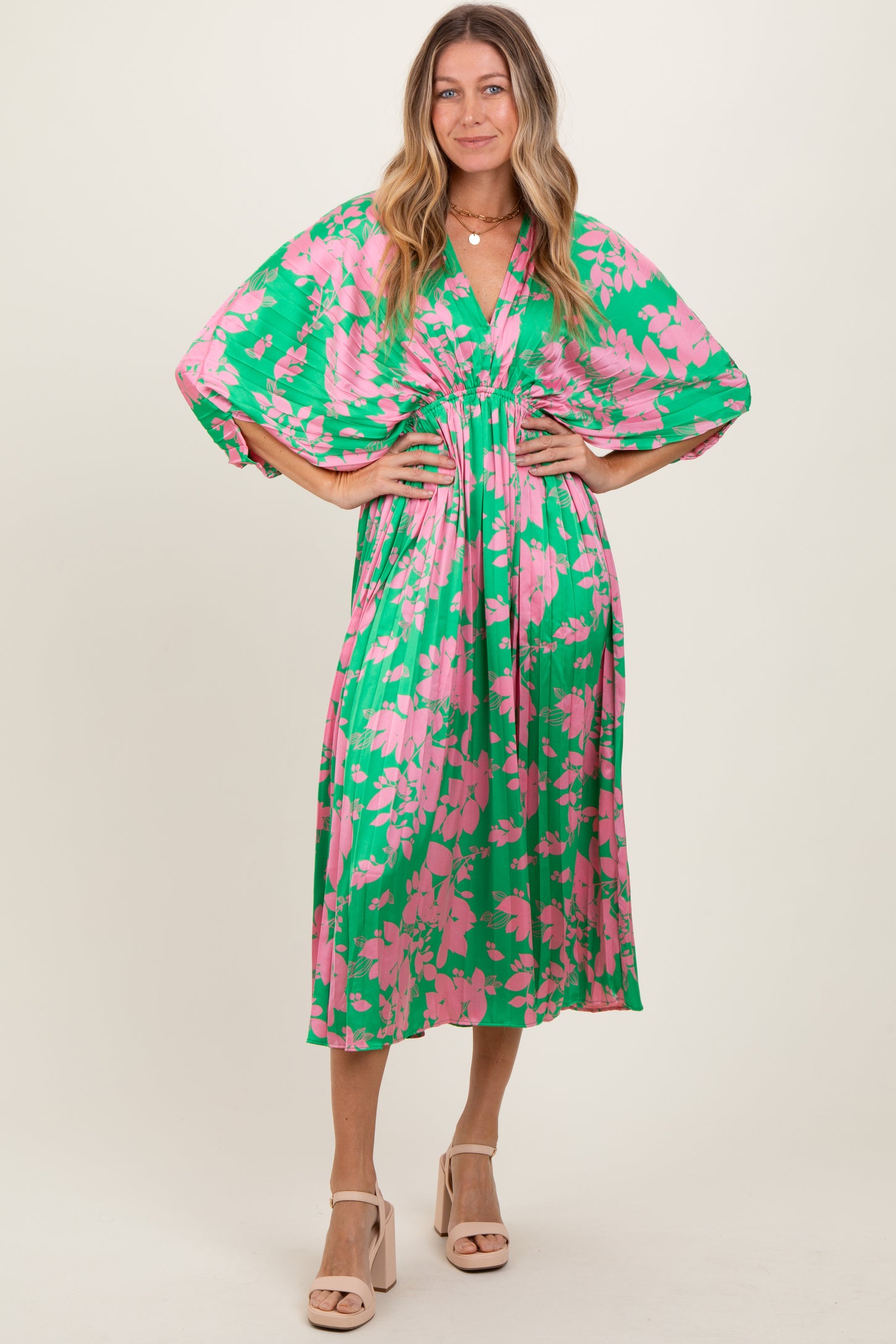 Green Floral Satin Pleated V-Neck Maternity Maxi Dress