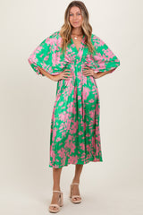 Green Floral Satin Pleated V-Neck Maternity Maxi Dress