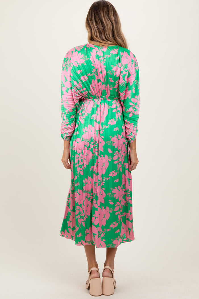 Green Floral Satin Pleated V-Neck Maxi Dress