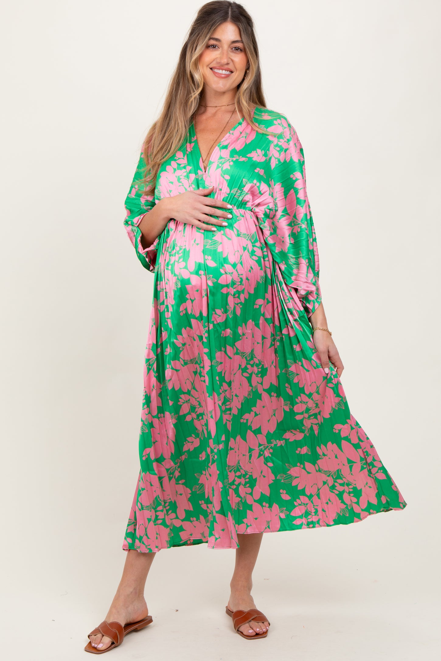 Green Floral Satin Pleated V-Neck Maternity Maxi Dress