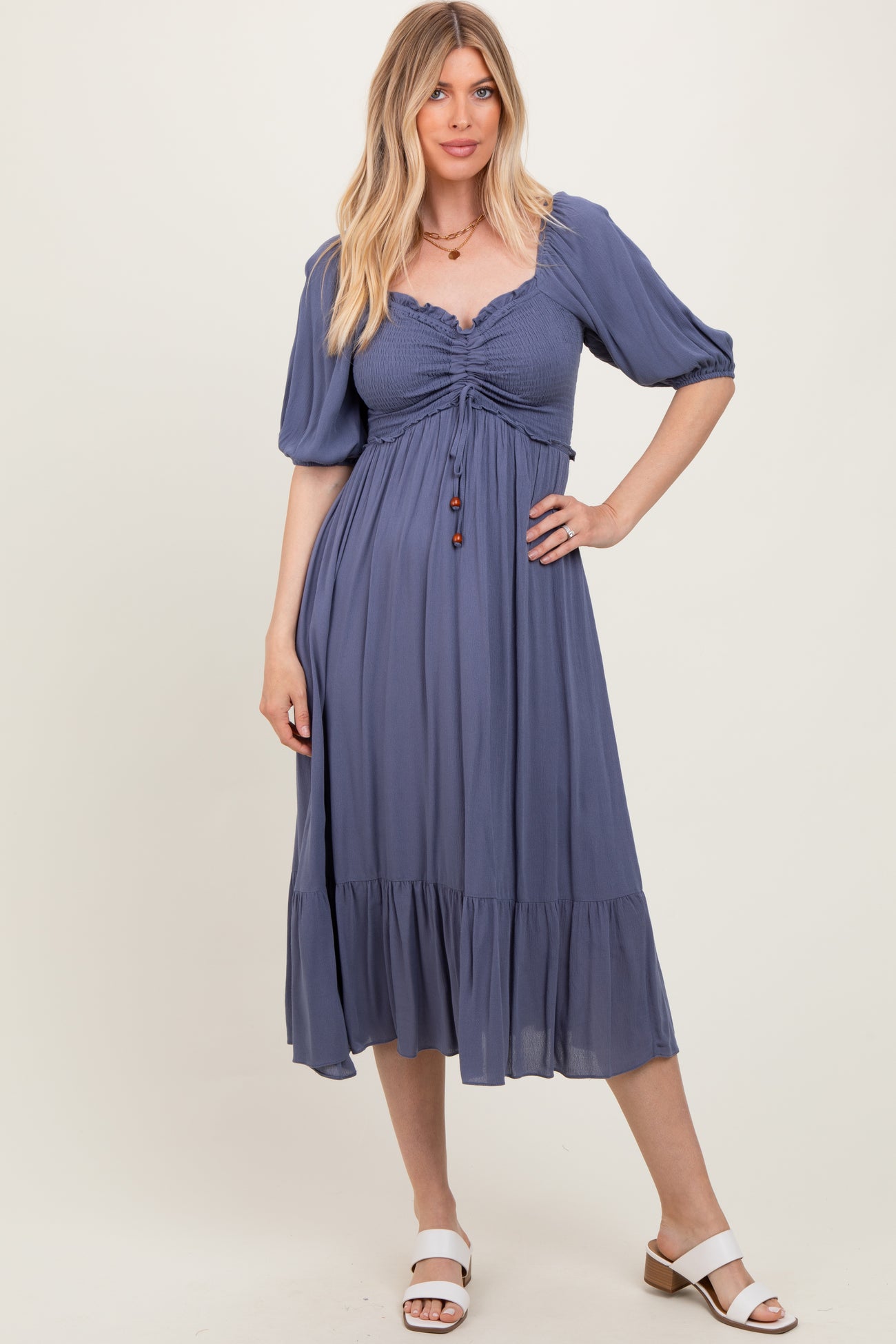 Blue Smocked Cinched Front Maxi Dress