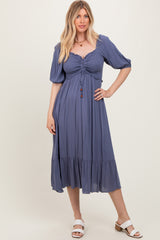 Blue Smocked Cinched Front Maternity Maxi Dress