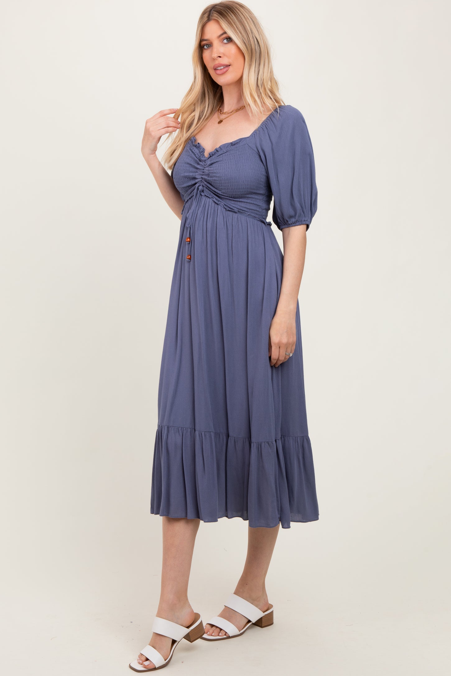 Blue Smocked Cinched Front Maxi Dress