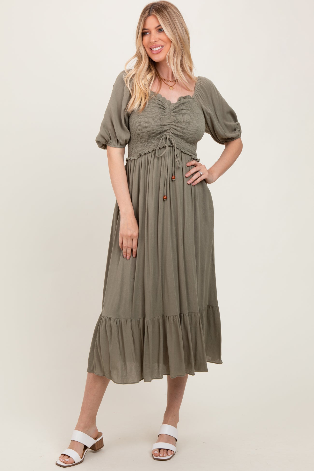 Olive Smocked Cinched Front Maxi Dress
