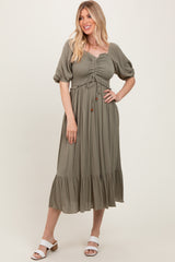 Olive Smocked Cinched Front Maxi Dress