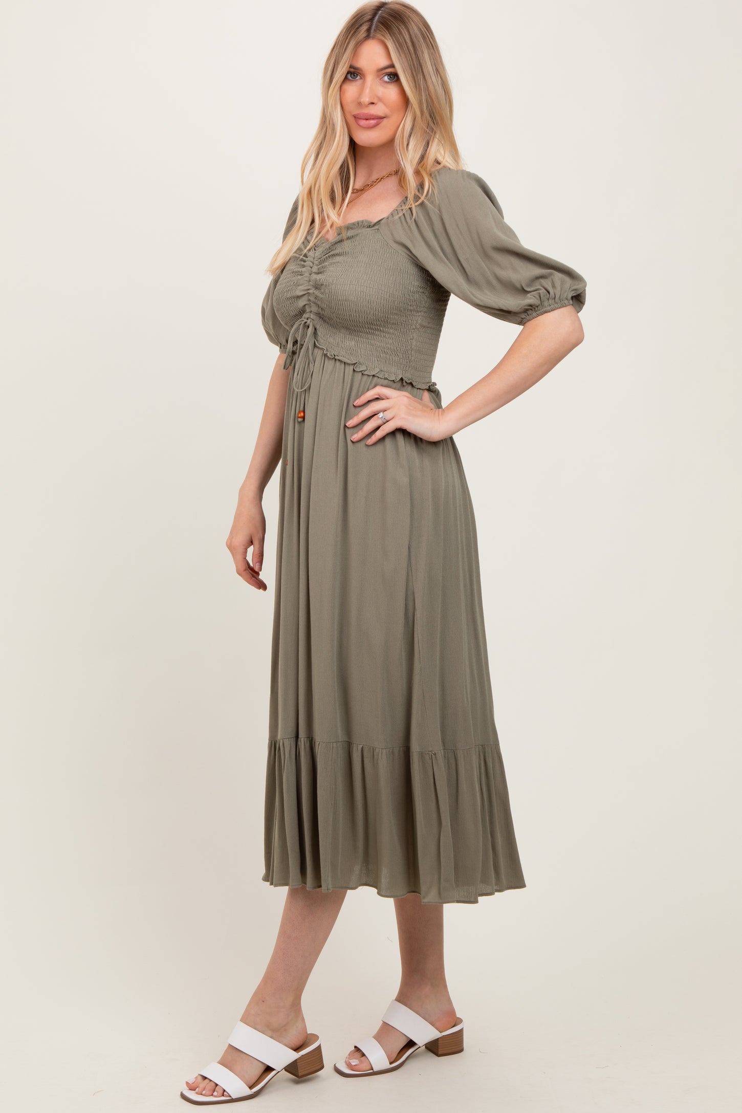 Olive Smocked Cinched Front Maxi Dress