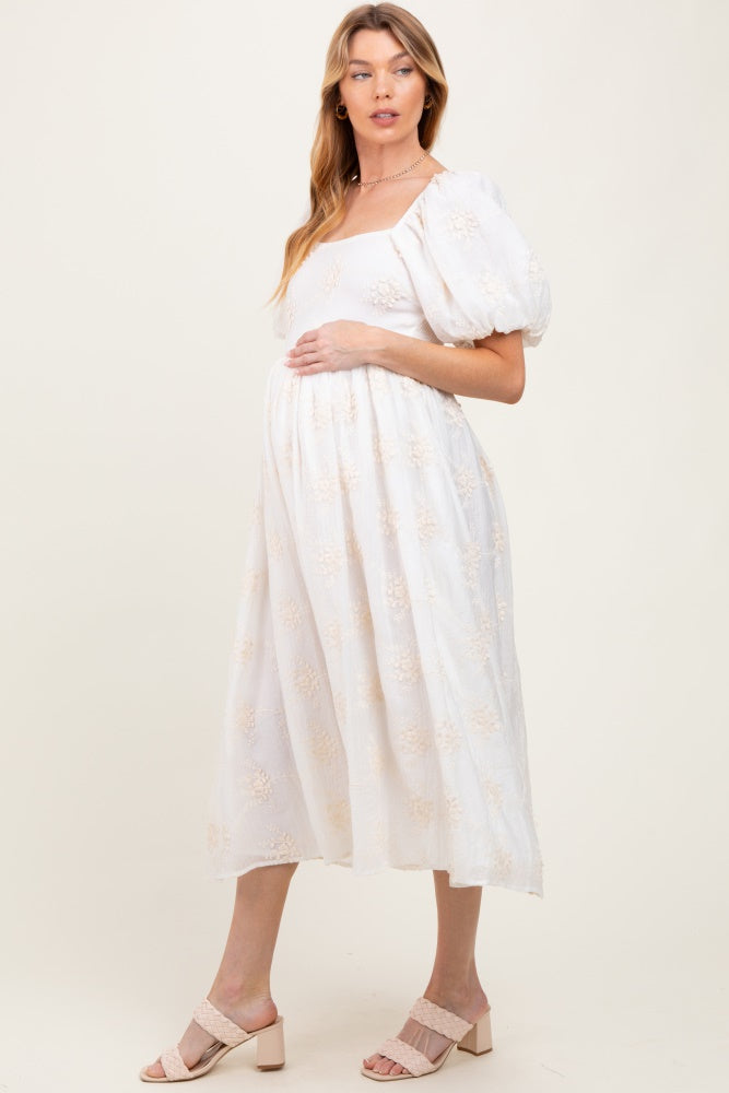 White Textured Maternity Midi Dress