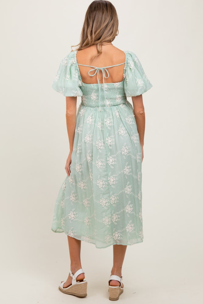 woman wearing a mint green floral maternity dress with puff sleeves and an open back, showing a fitted smocked bodice
