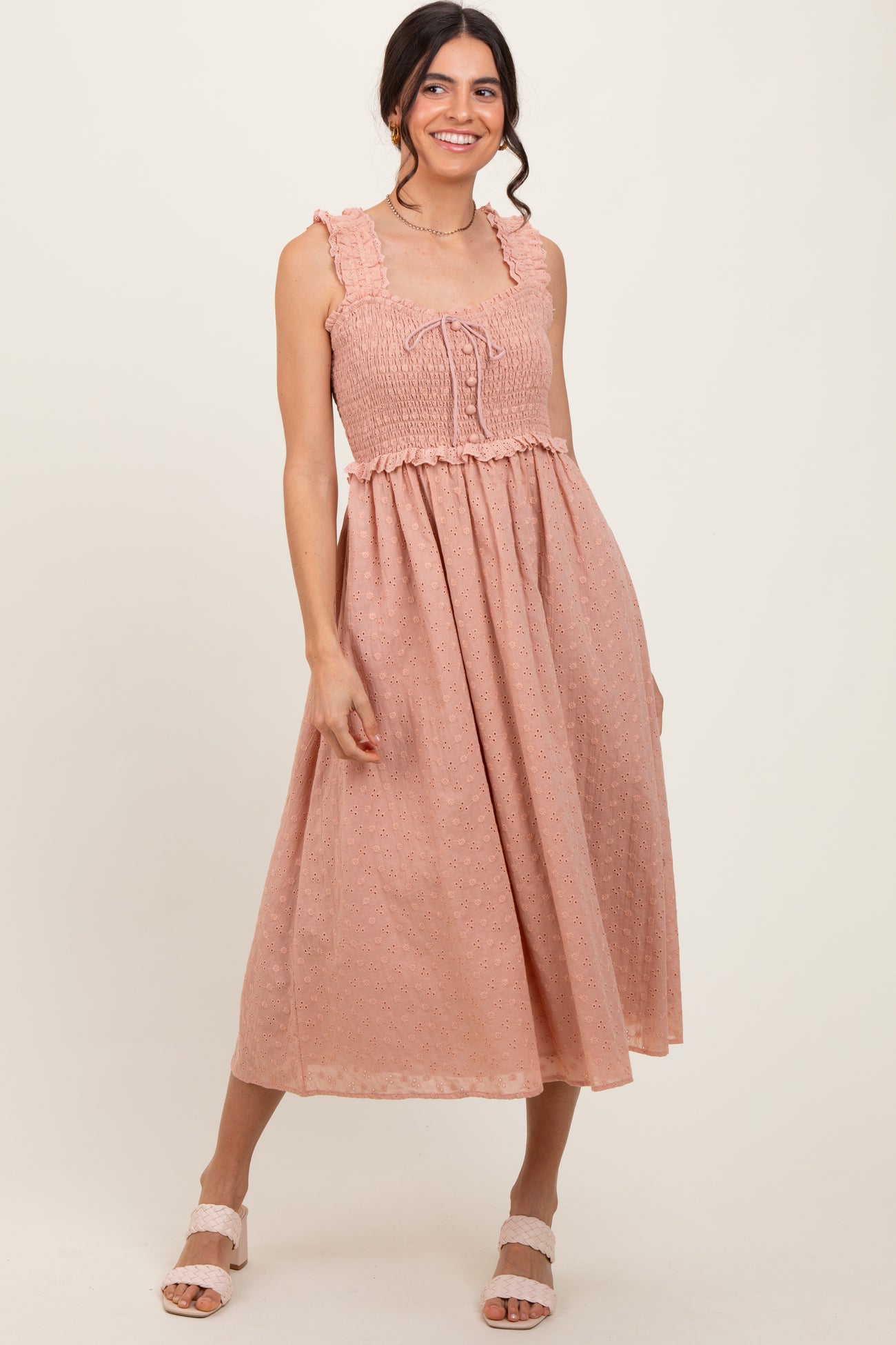 Peach Eyelet Sleeveless Maternity Midi Dress