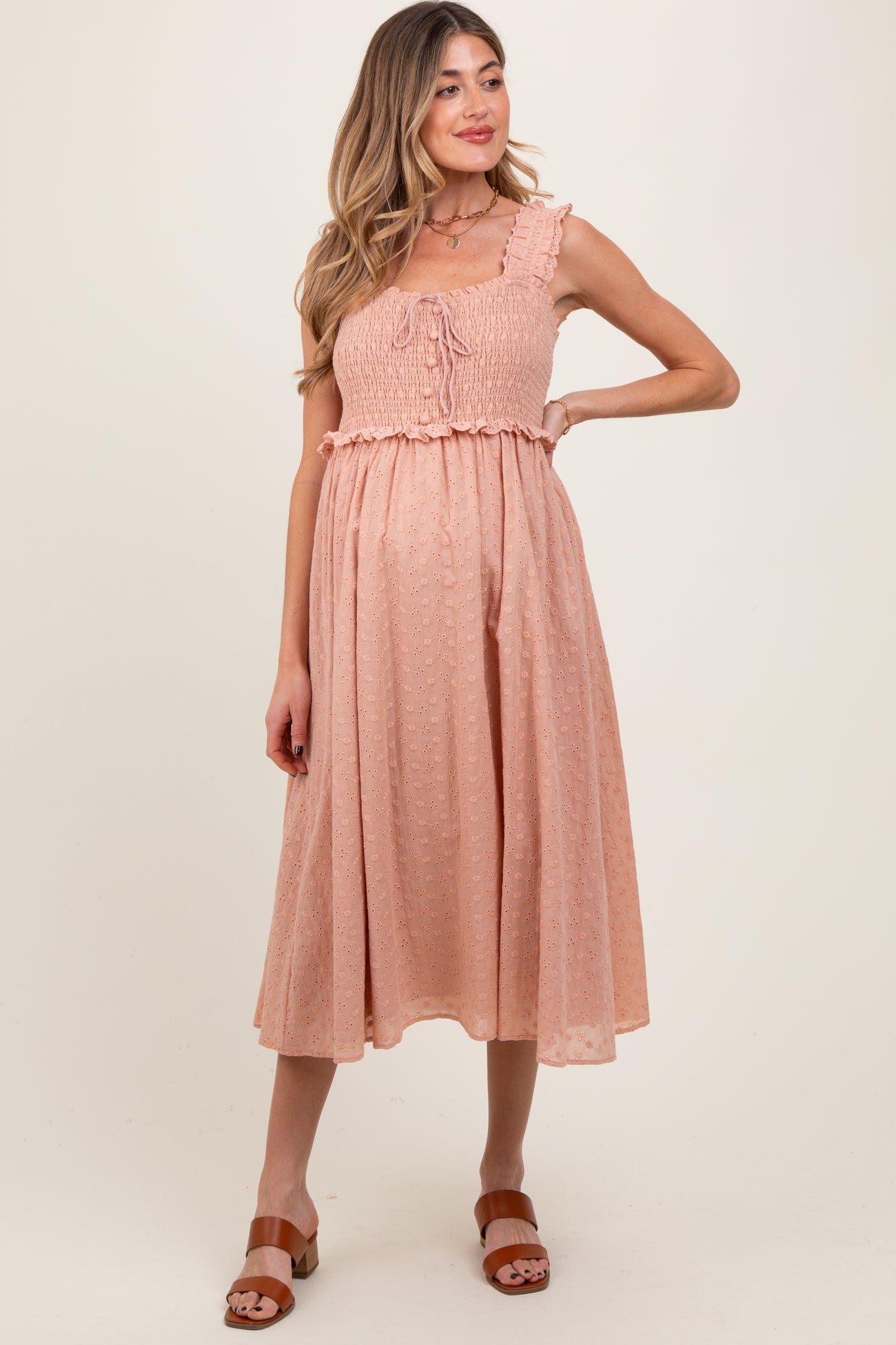 Peach Eyelet Sleeveless Maternity Midi Dress