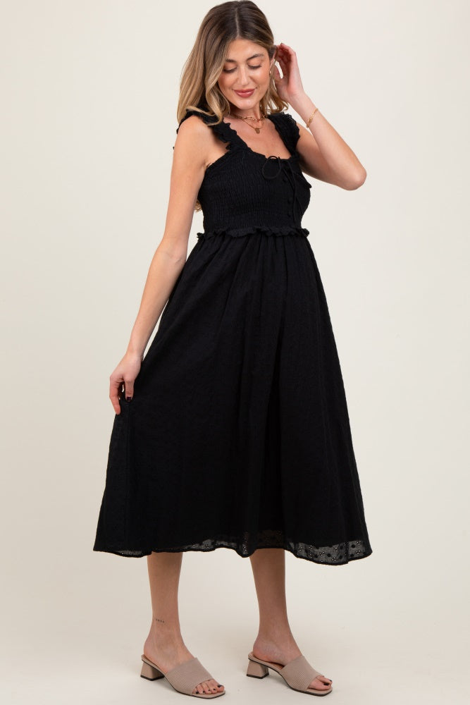 Black Eyelet Sleeveless Maternity Midi Dress