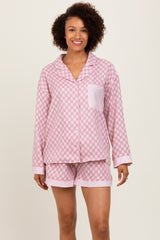 Mauve Checkered Print Pajama Shorts Maternity Set