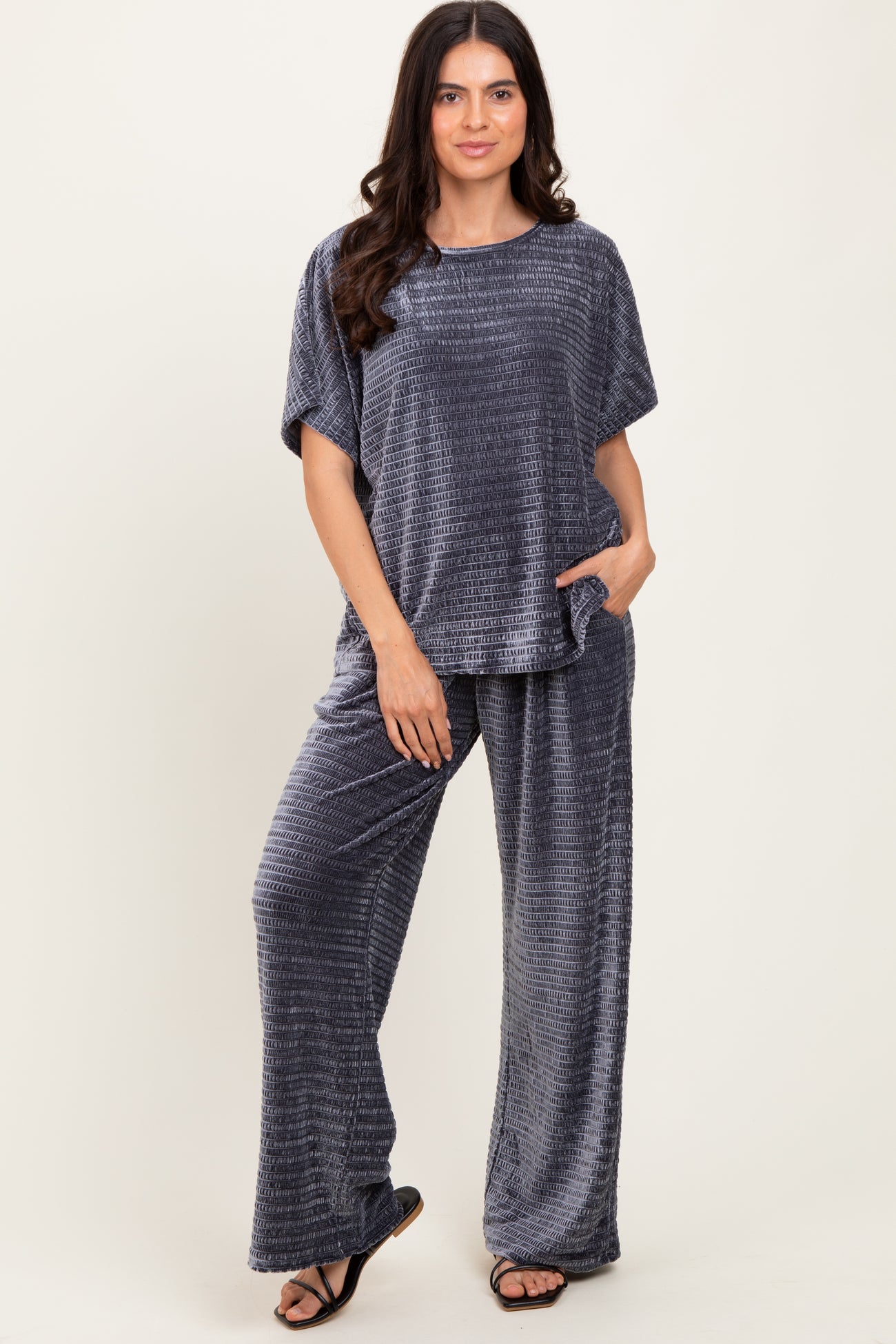 Gray Blue Textured Velvet Lounge Pant Maternity Set