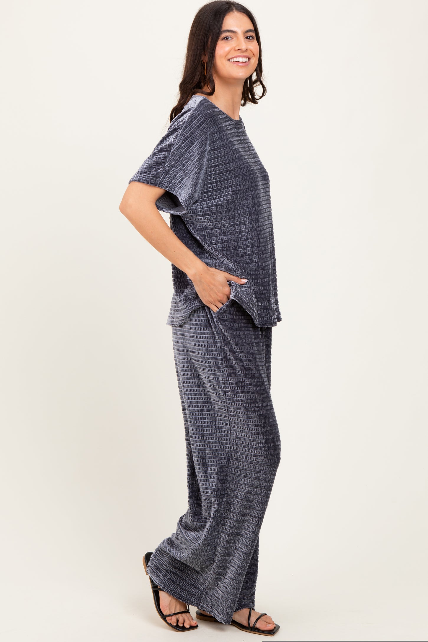 Gray Blue Textured Velvet Lounge Pant Set