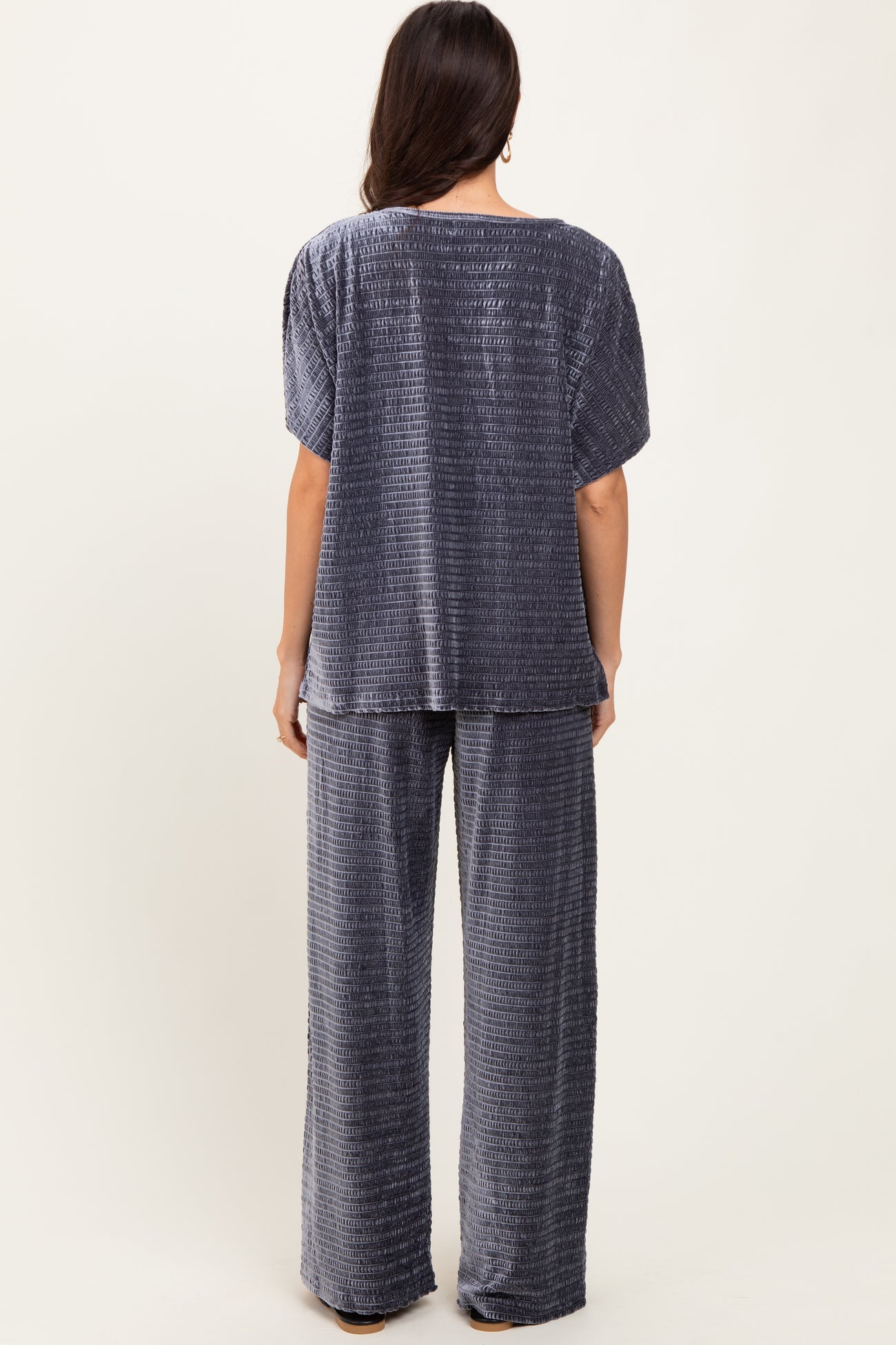 Gray Blue Textured Velvet Lounge Pant Set