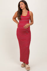 Red Black Striped Side Slit Maternity Maxi Dress