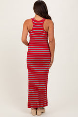 Red Black Striped Side Slit Maternity Maxi Dress
