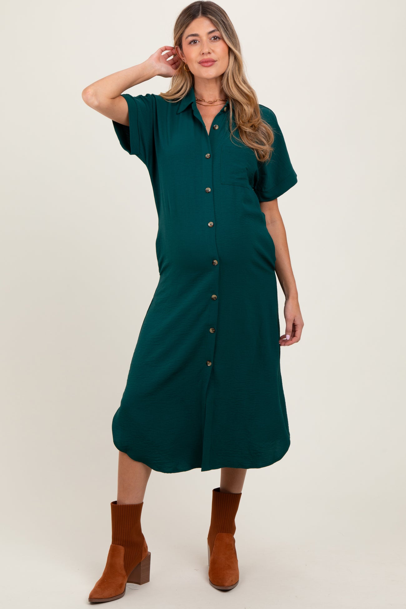 Hunter Green Button Down Front Pocket Maternity Midi Dress