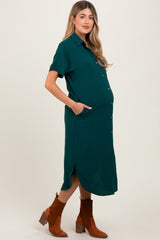 Hunter Green Button Down Front Pocket Maternity Midi Dress