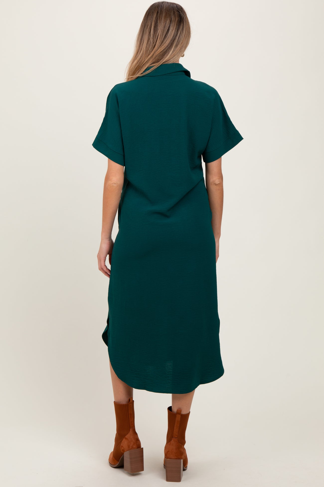 Hunter Green Button Down Front Pocket Maternity Midi Dress