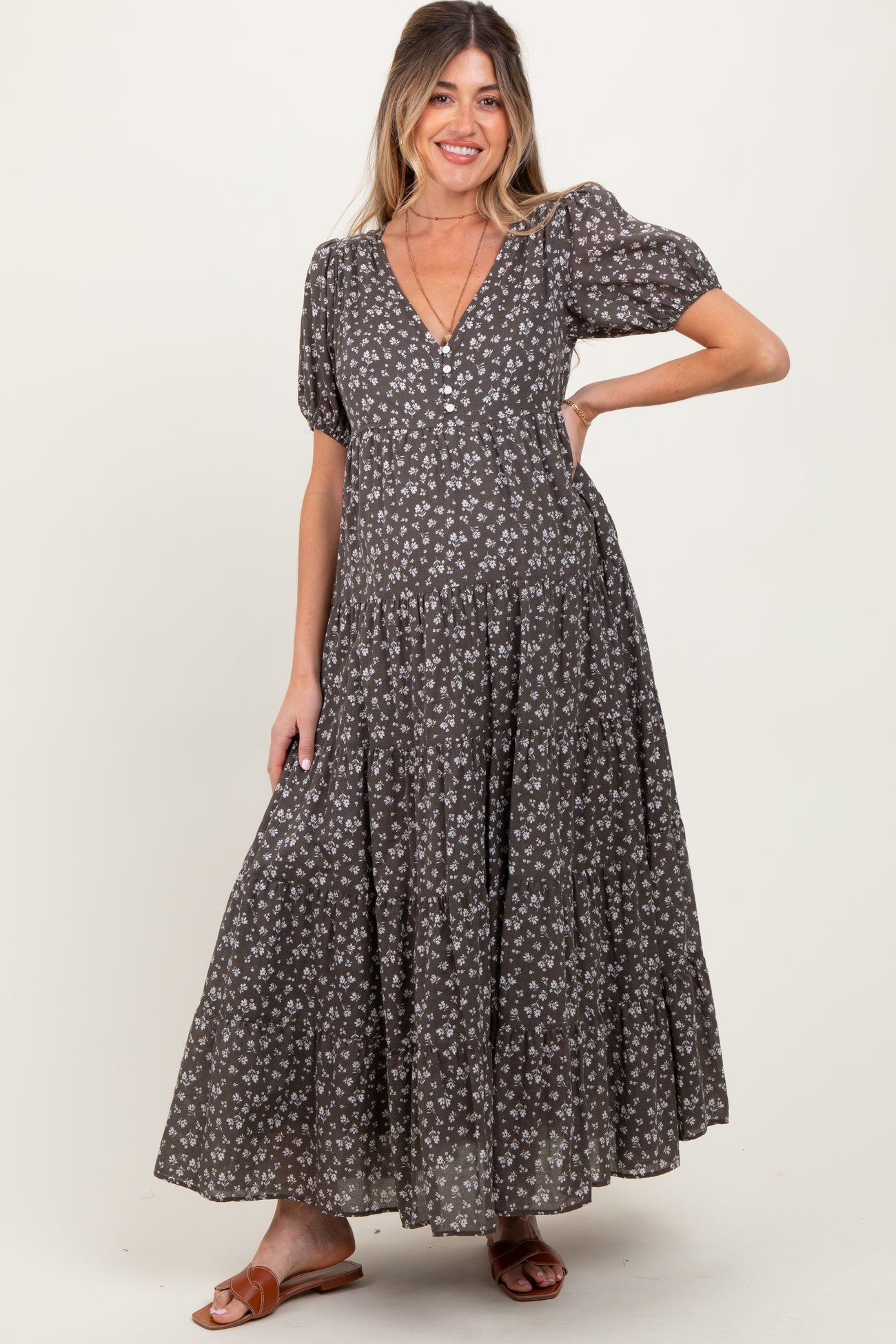 Grey Tiered Floral Maternity Maxi Dress