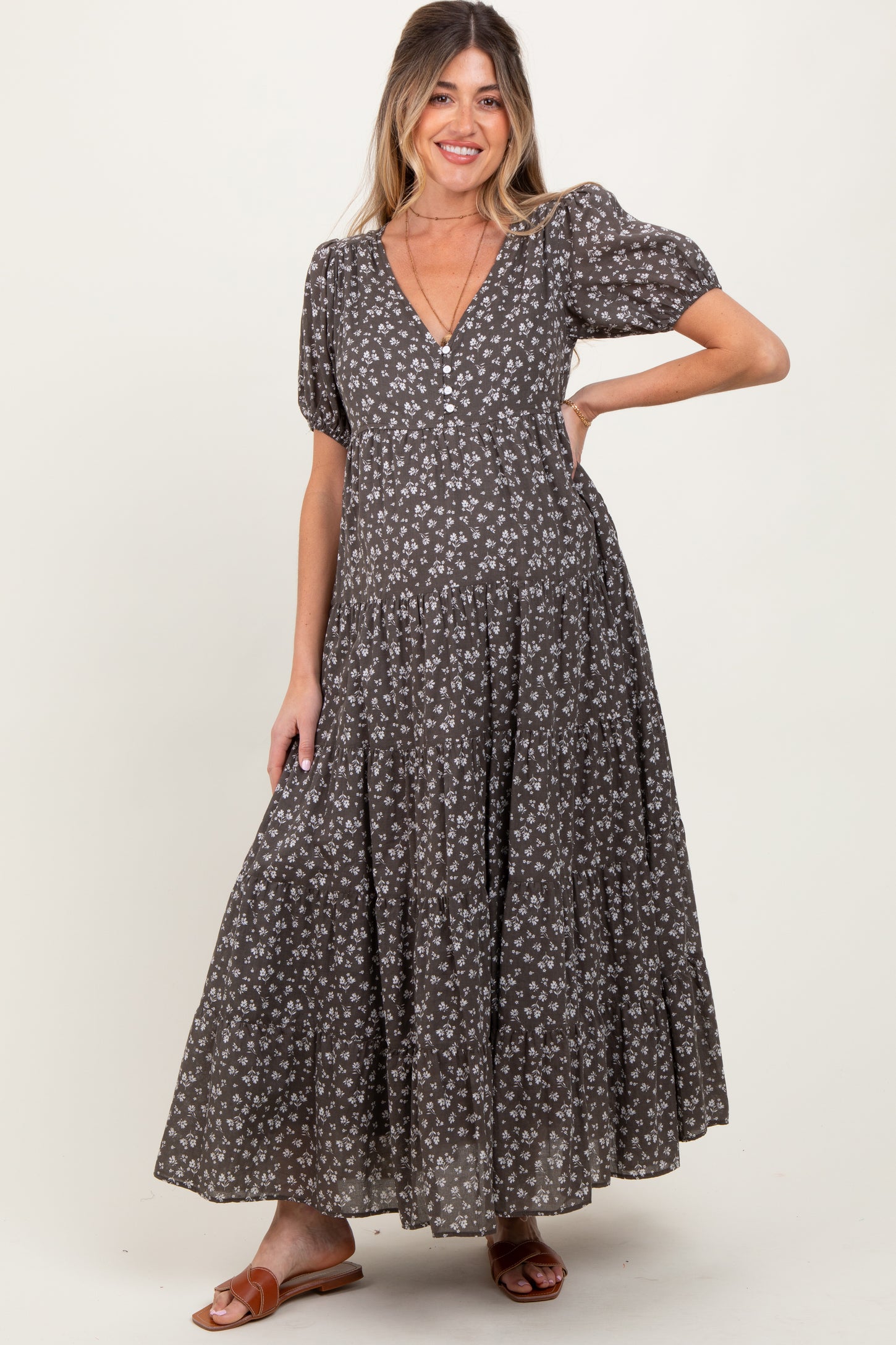 Grey Tiered Floral Maternity Maxi Dress