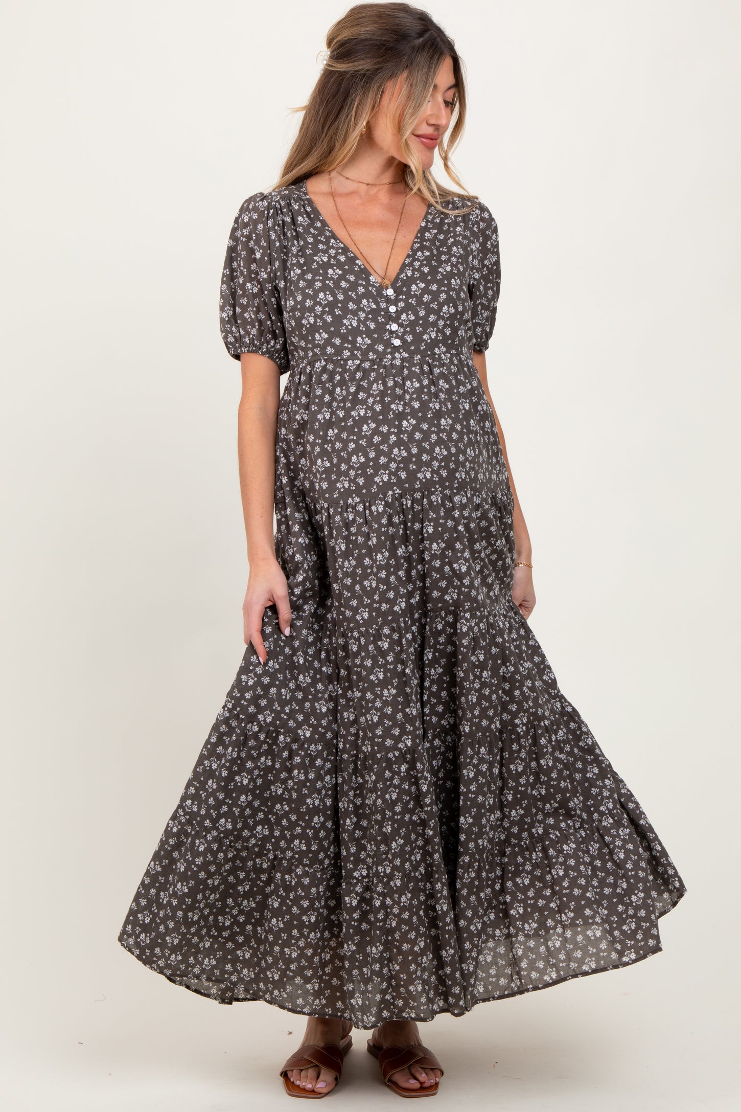 Grey Tiered Floral Maternity Maxi Dress