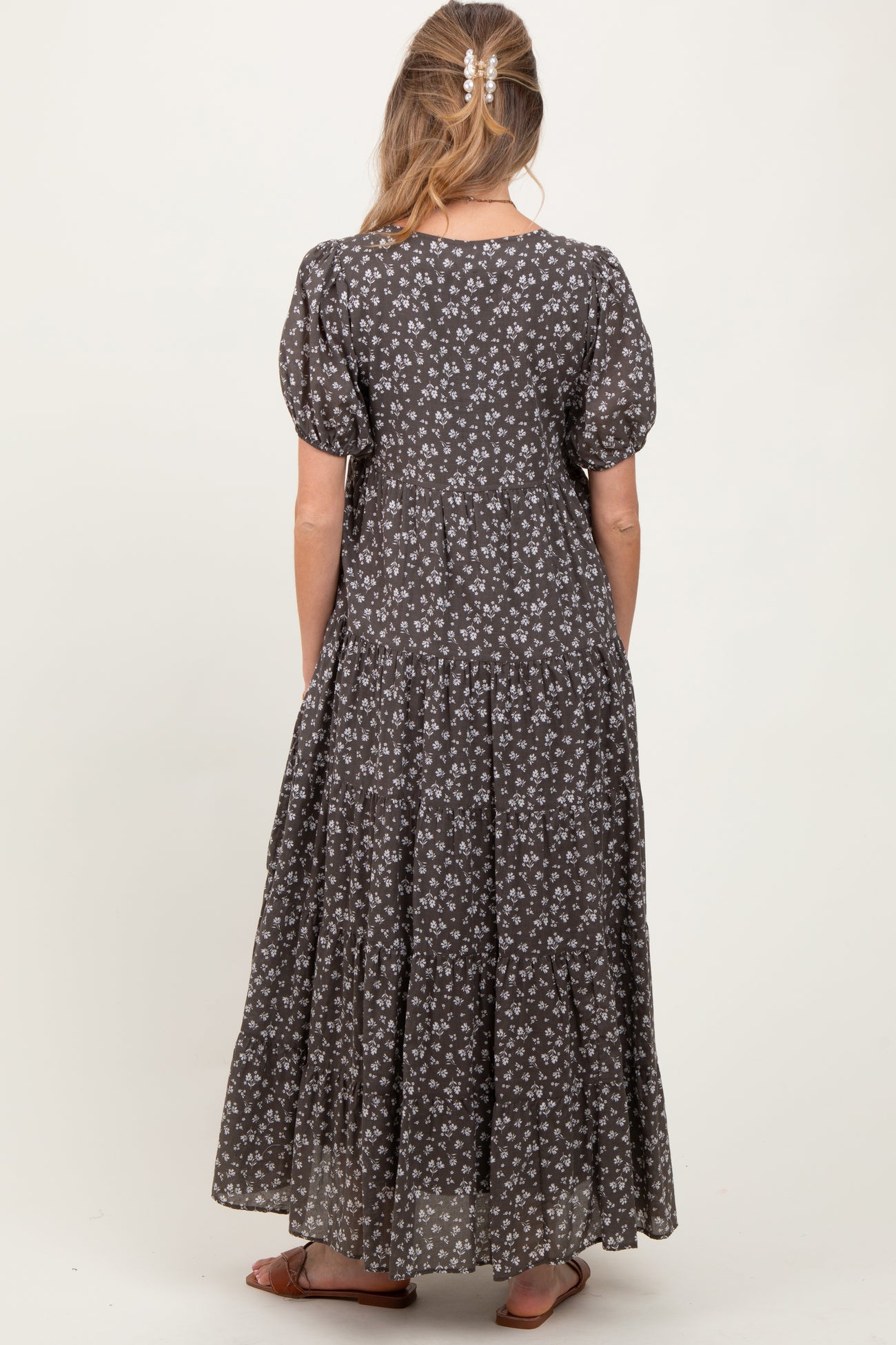 Grey Tiered Floral Maternity Maxi Dress
