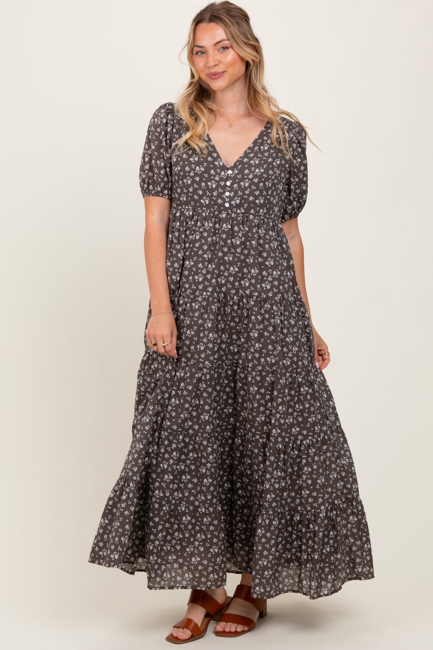 Grey Tiered Floral Maternity Maxi Dress