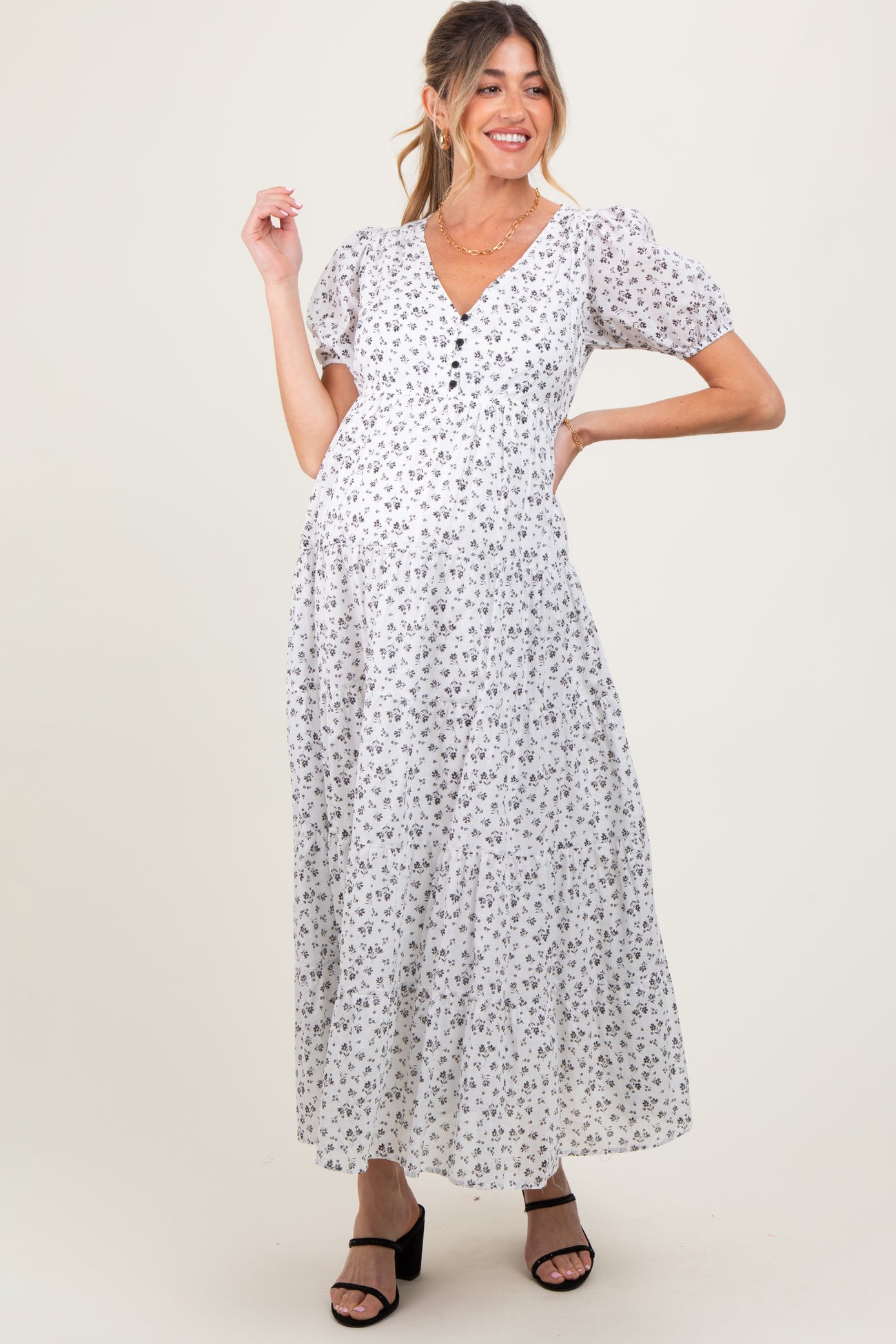 Ivory Tiered Floral Maternity Maxi Dress