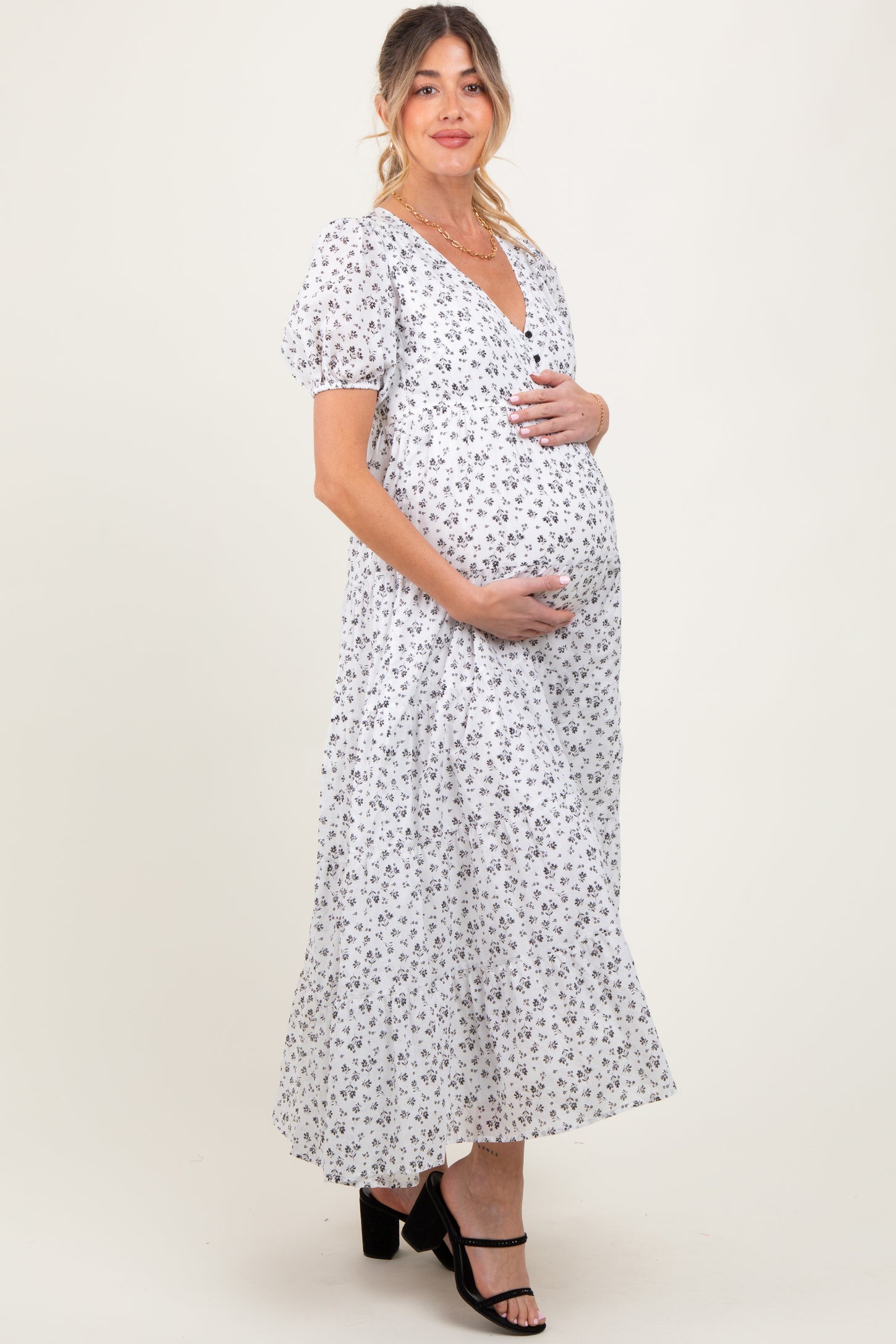 Ivory Tiered Floral Maternity Maxi Dress
