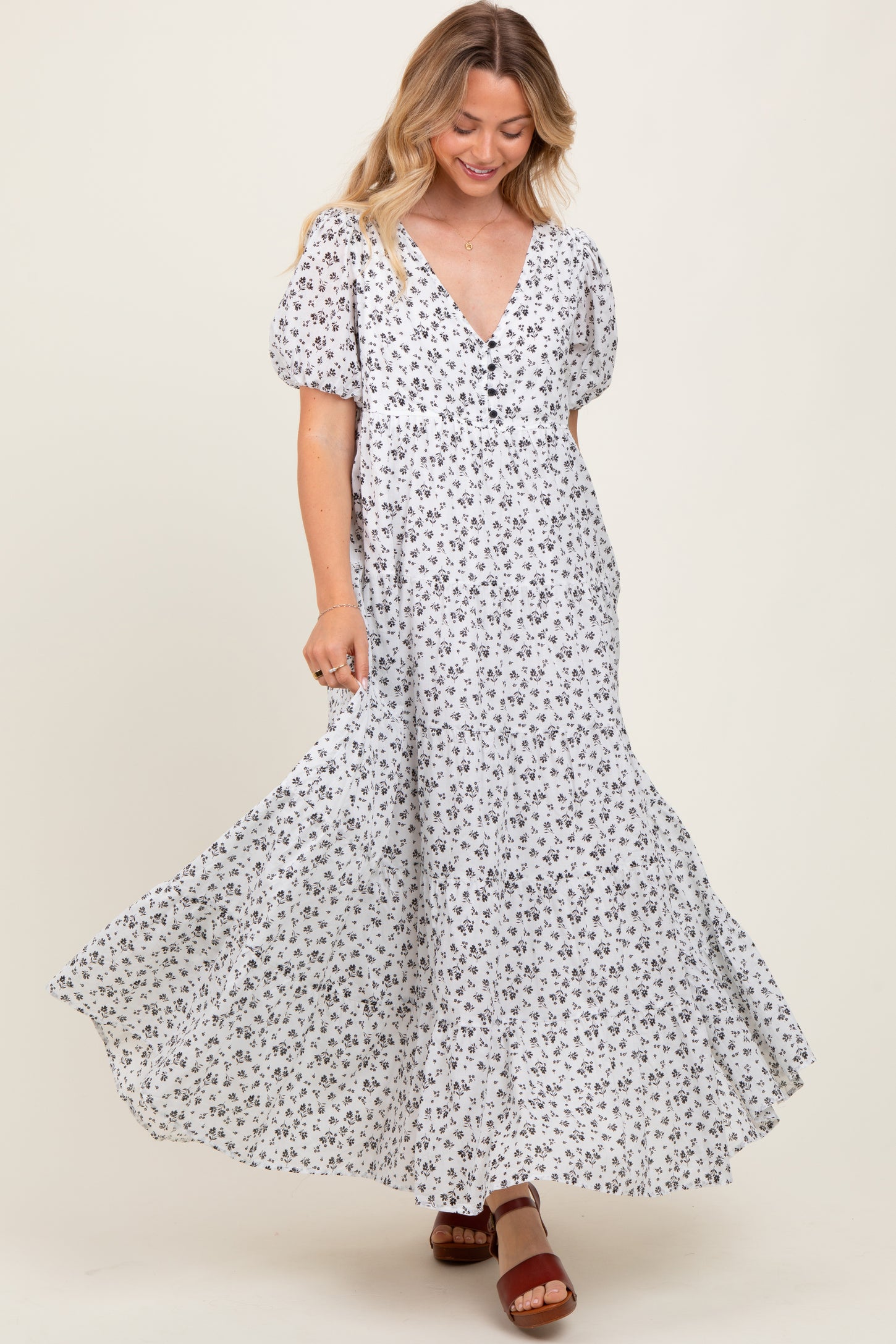 Ivory Tiered Floral Maternity Maxi Dress