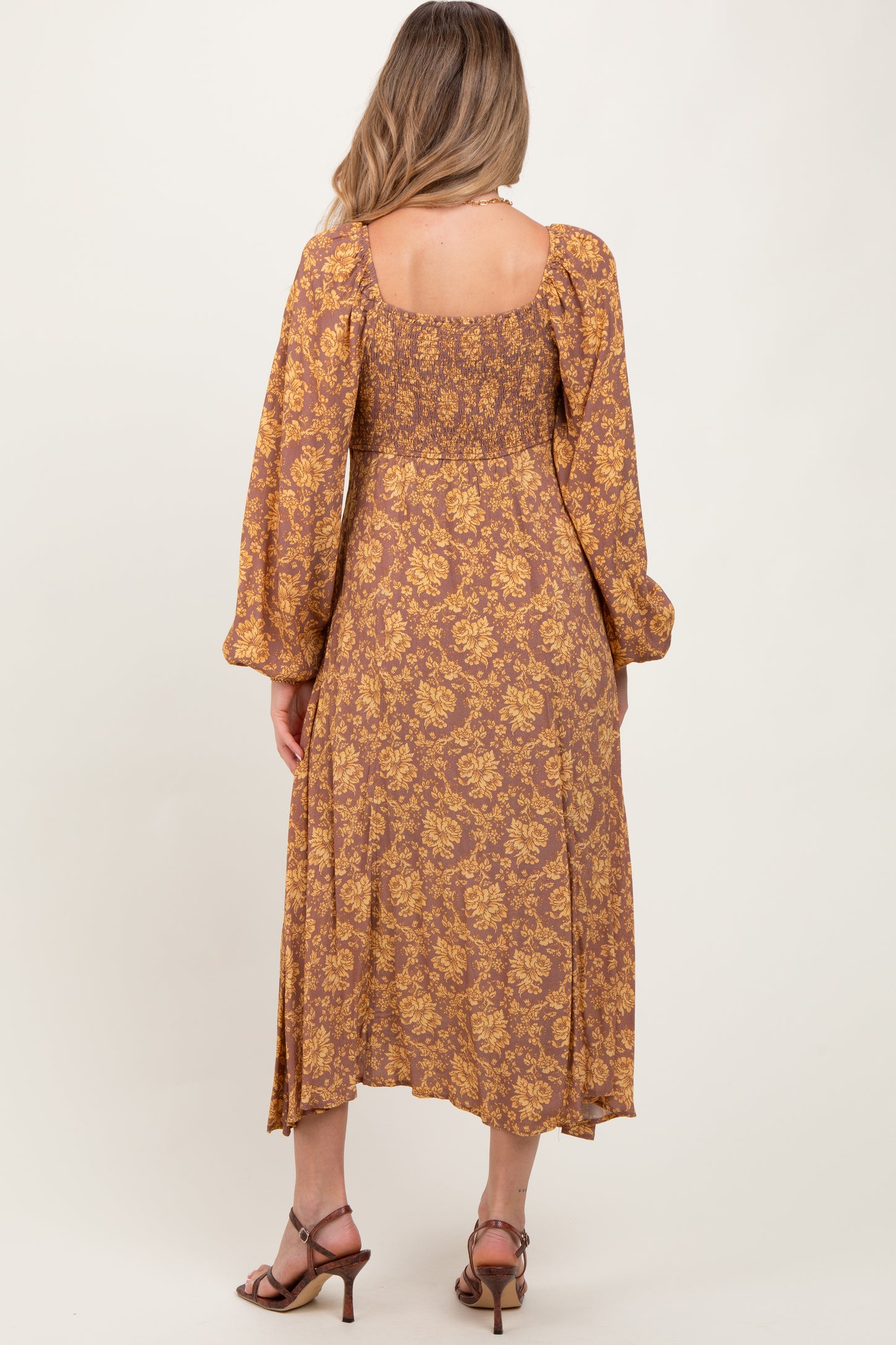 Camel Floral Long Sleeve Maternity Dress