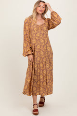 Camel Floral Long Sleeve Dress