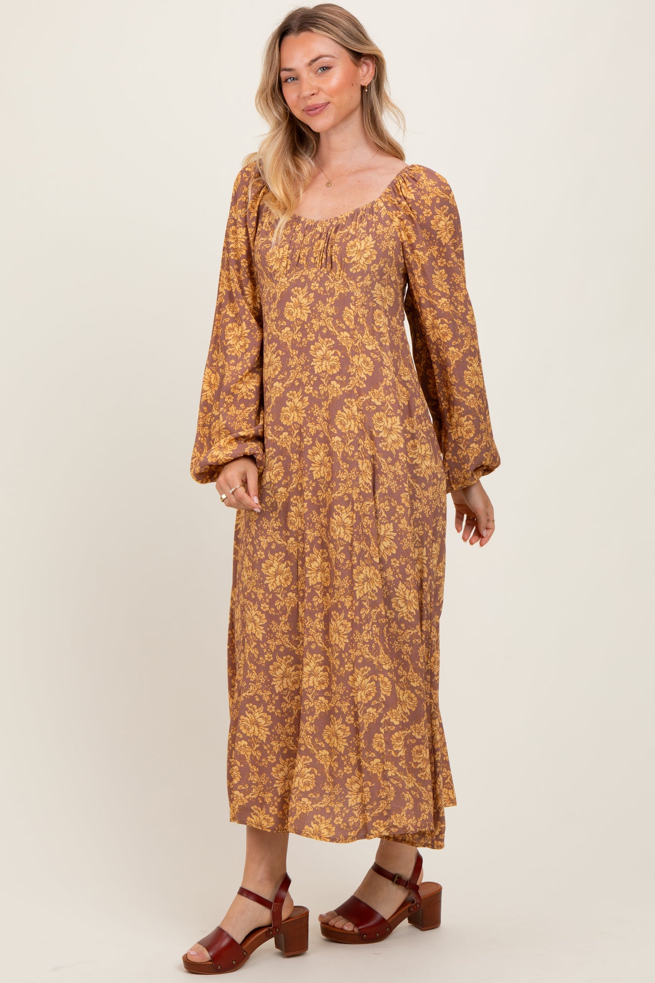 Camel Floral Long Sleeve Dress