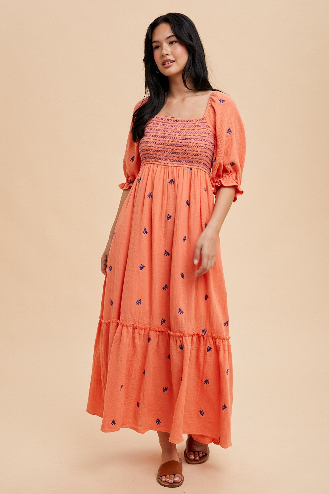 Coral Gauze Smocked Embroidered Square Neck Maternity Midi Dress