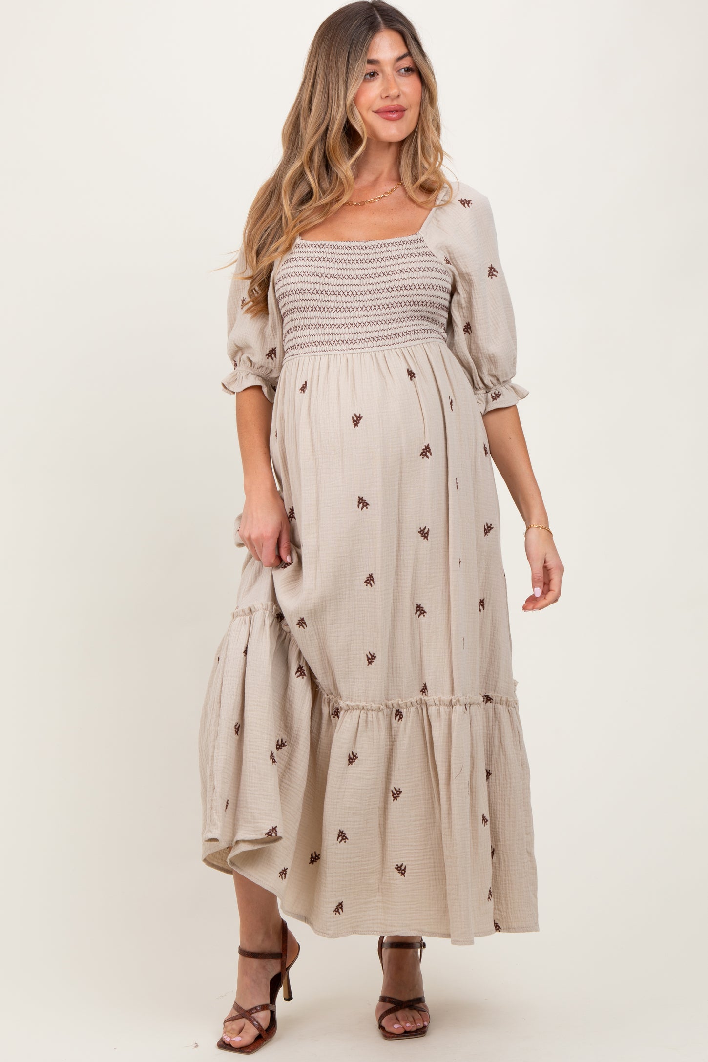 Taupe Gauze Smocked Embroidered Square Neck Maternity Midi Dress