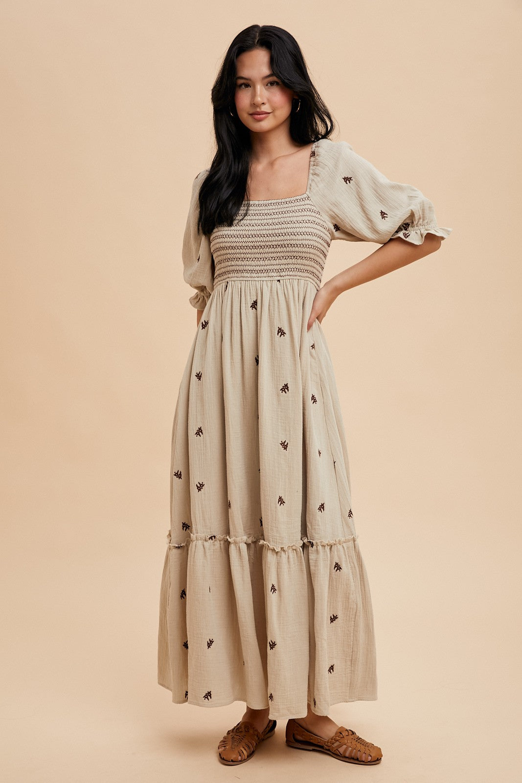 Taupe Gauze Smocked Embroidered Square Neck Midi Dress