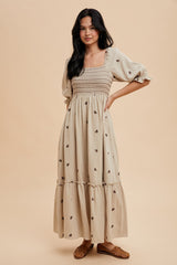 Taupe Gauze Smocked Embroidered Square Neck Midi Dress