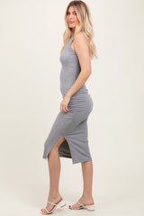 Heather Grey Ribbed Sleeveless Side Slit Midi Dress