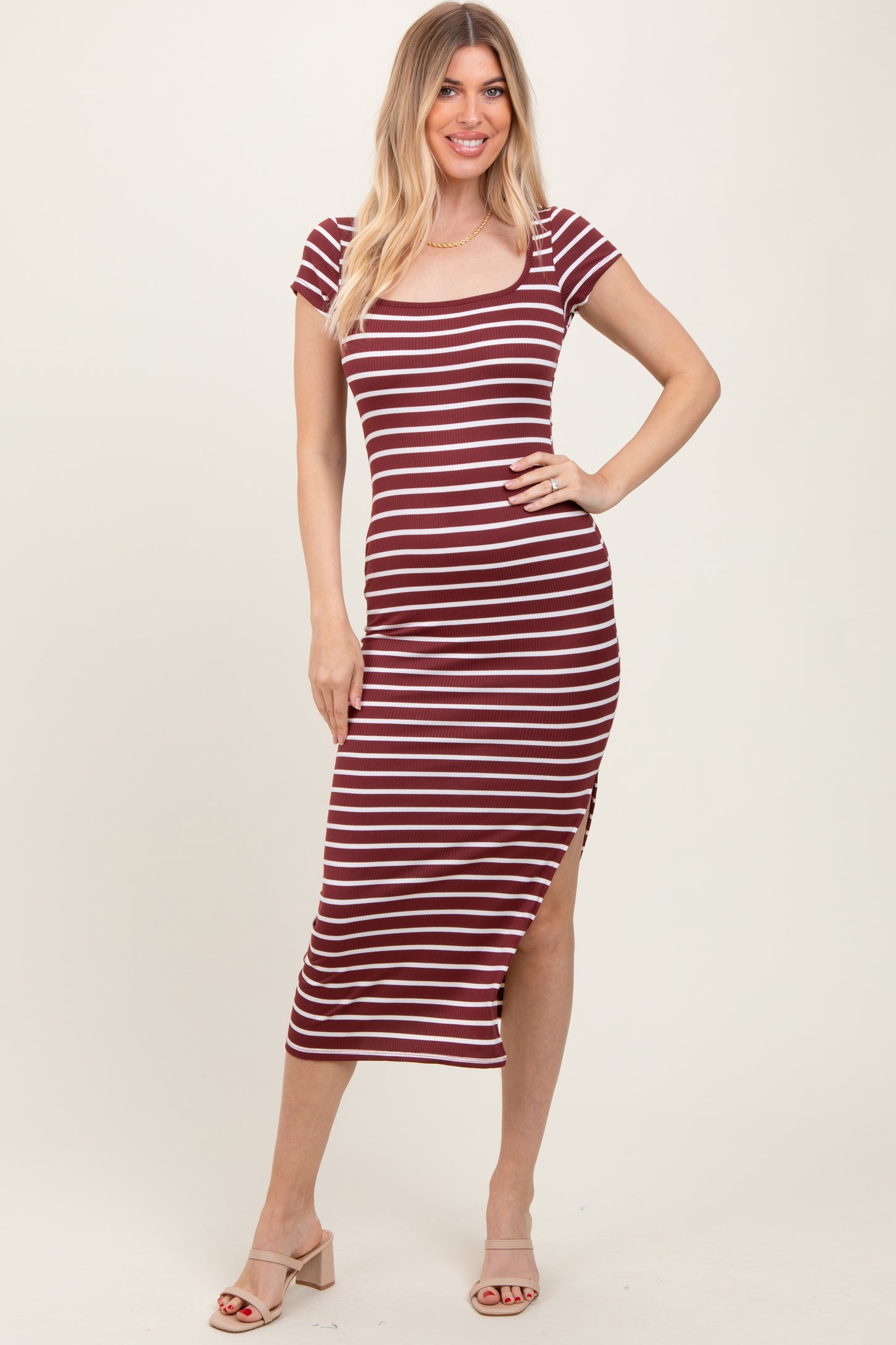 Burgundy Striped Short Sleeve Side Slit Maternity Maxi Dress