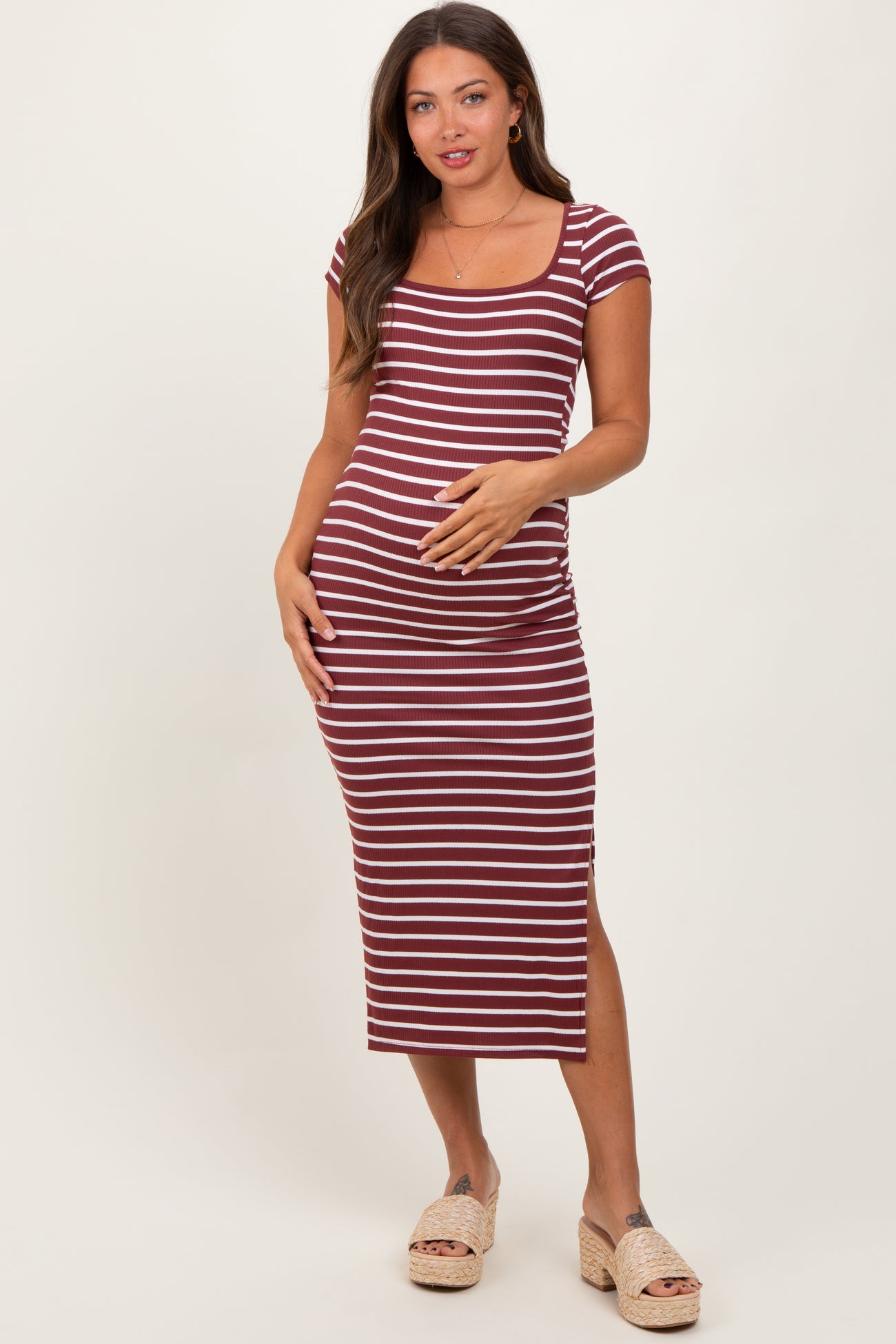 Burgundy Striped Short Sleeve Side Slit Maternity Maxi Dress