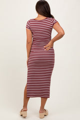 Burgundy Striped Short Sleeve Side Slit Maternity Maxi Dress
