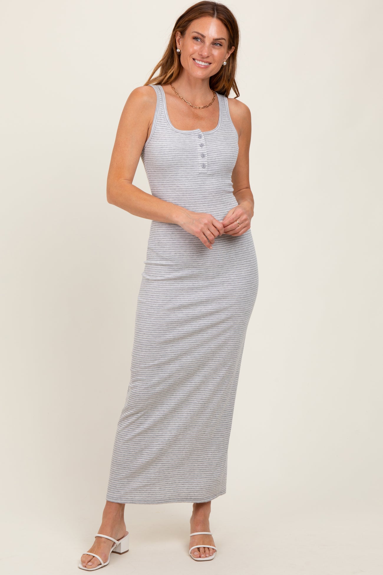 Heather Grey Striped Button Front Sleeveless Maternity Maxi Dress